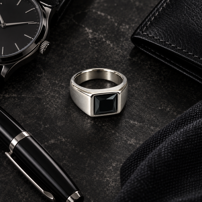 Midnight Onyx 925 Silver Stainless Steel Signet Ring