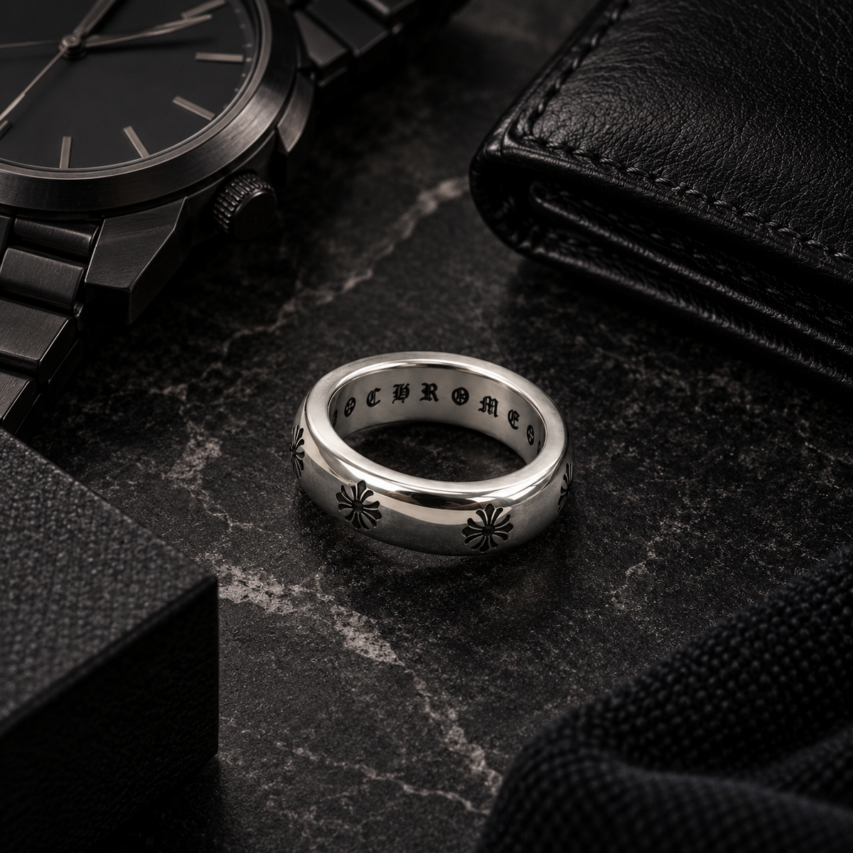 Chrome Cross Engraved 925 Silver Ring for Men