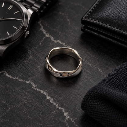 Fluid Wave Silver Finish Stainless Steel Ring for Men
