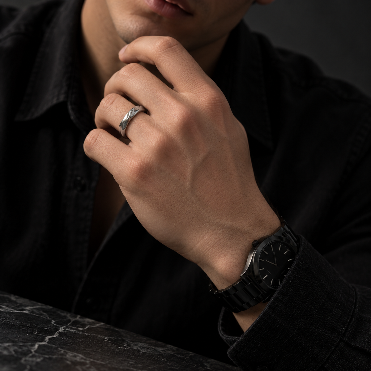 Fluid Wave Silver Finish Stainless Steel Ring for Men