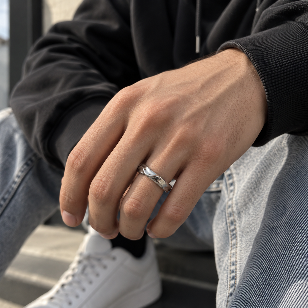 Fluid Wave Silver Finish Stainless Steel Ring for Men