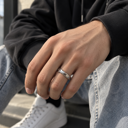 Fluid Wave Silver Finish Stainless Steel Ring for Men