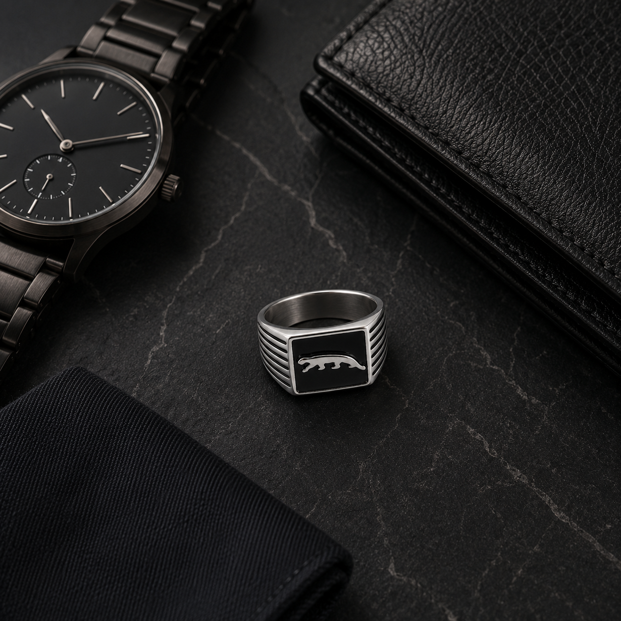 Panther Crest Stainless Steel Signet Ring for Men