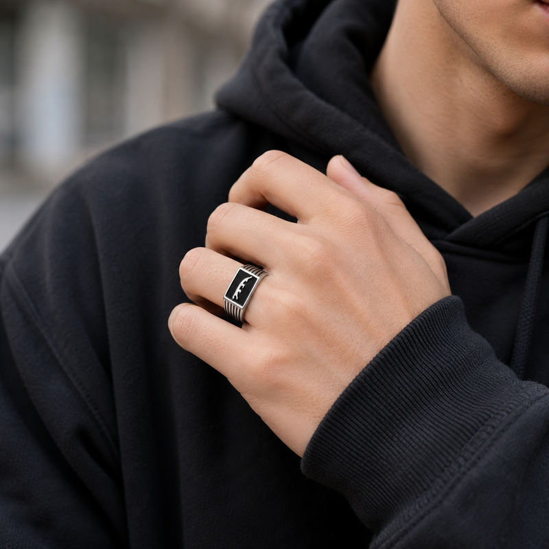 Panther Crest Stainless Steel Signet Ring for Men