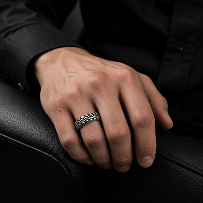 Tire Track Stainless Steel Ring – Silver Finish