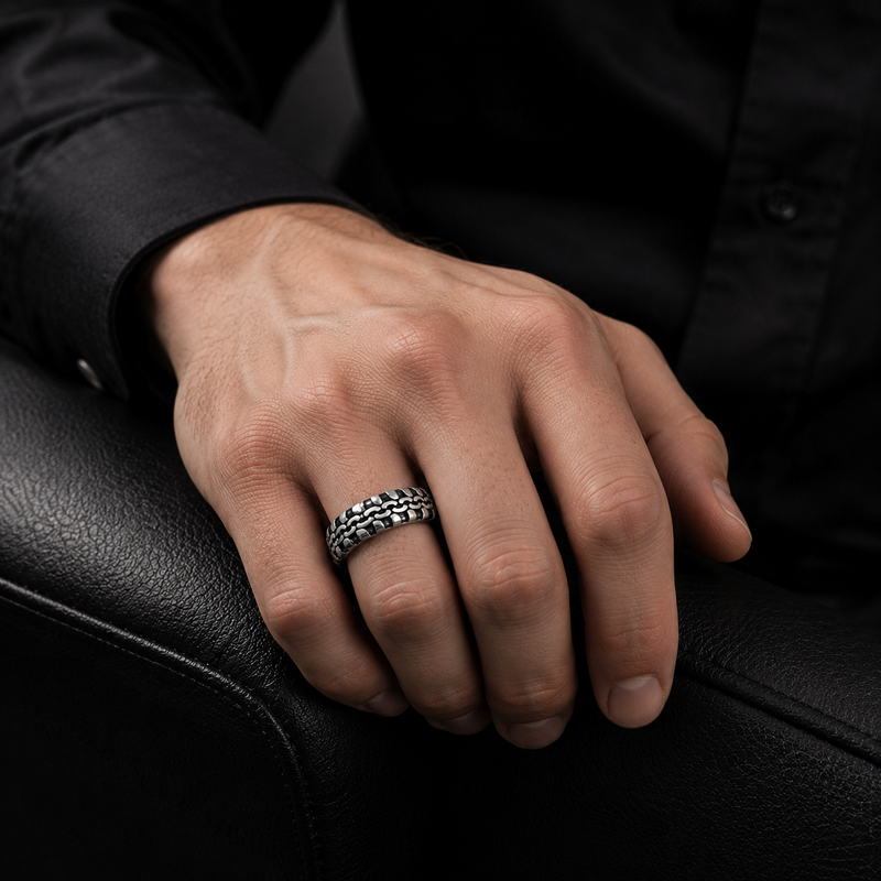 Tire Track Stainless Steel Ring – Silver Finish