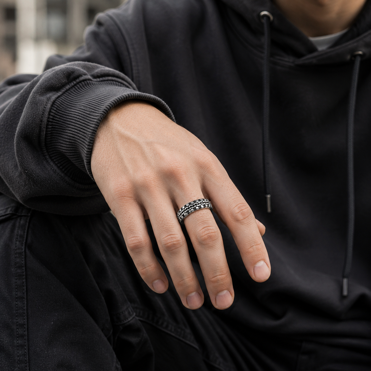 Tire Track Stainless Steel Ring – Silver Finish