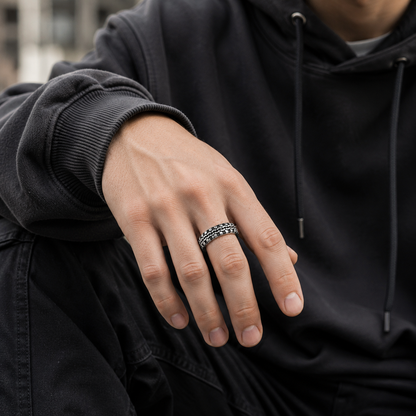 Tire Track Stainless Steel Ring – Silver Finish