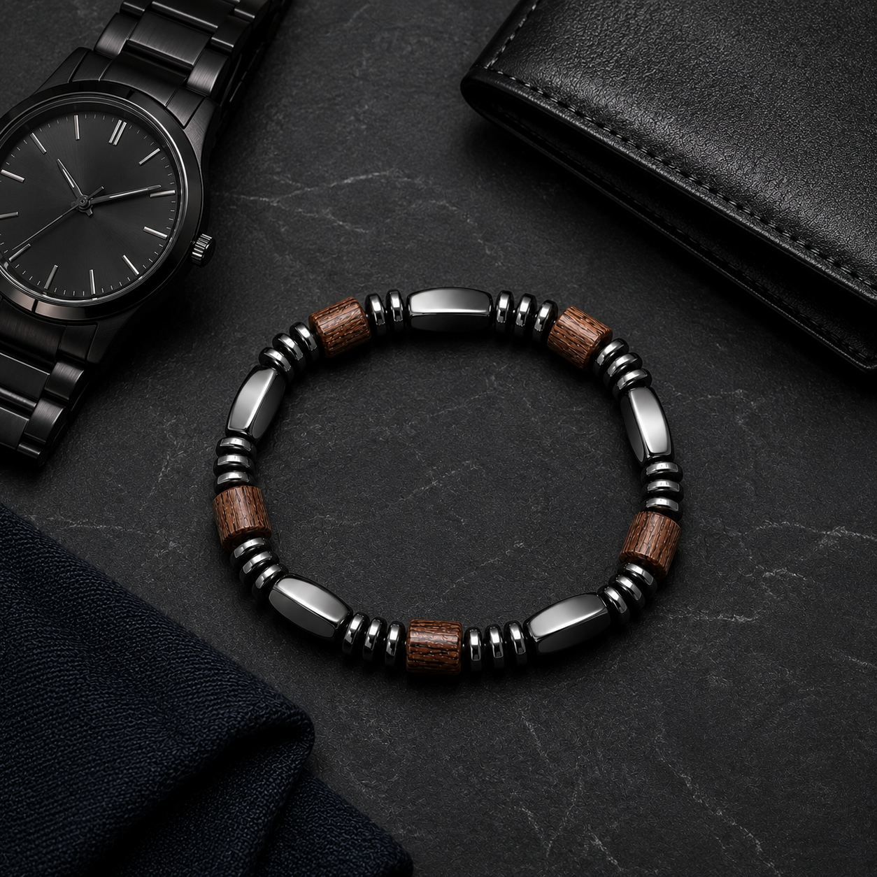 Classic Hematite & Wooden Stretch Bracelet