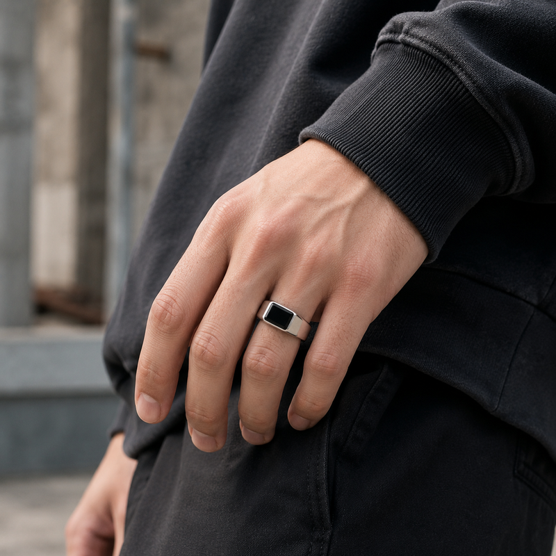 Black Onyx Signet Ring for Men – Stainless Steel Statement Ring