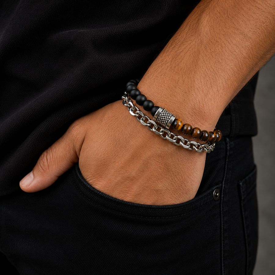 Tiger Eye & Black Bead Chain Bracelet for Men