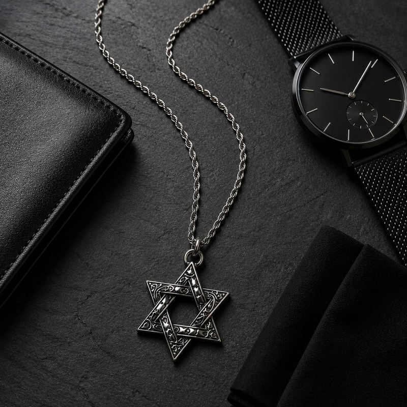 Silver HexaStar Stainless Steel Pendant Necklace for Men