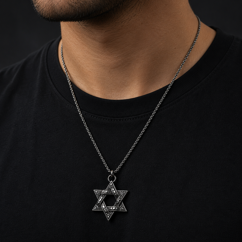 Silver HexaStar Stainless Steel Pendant Necklace for Men