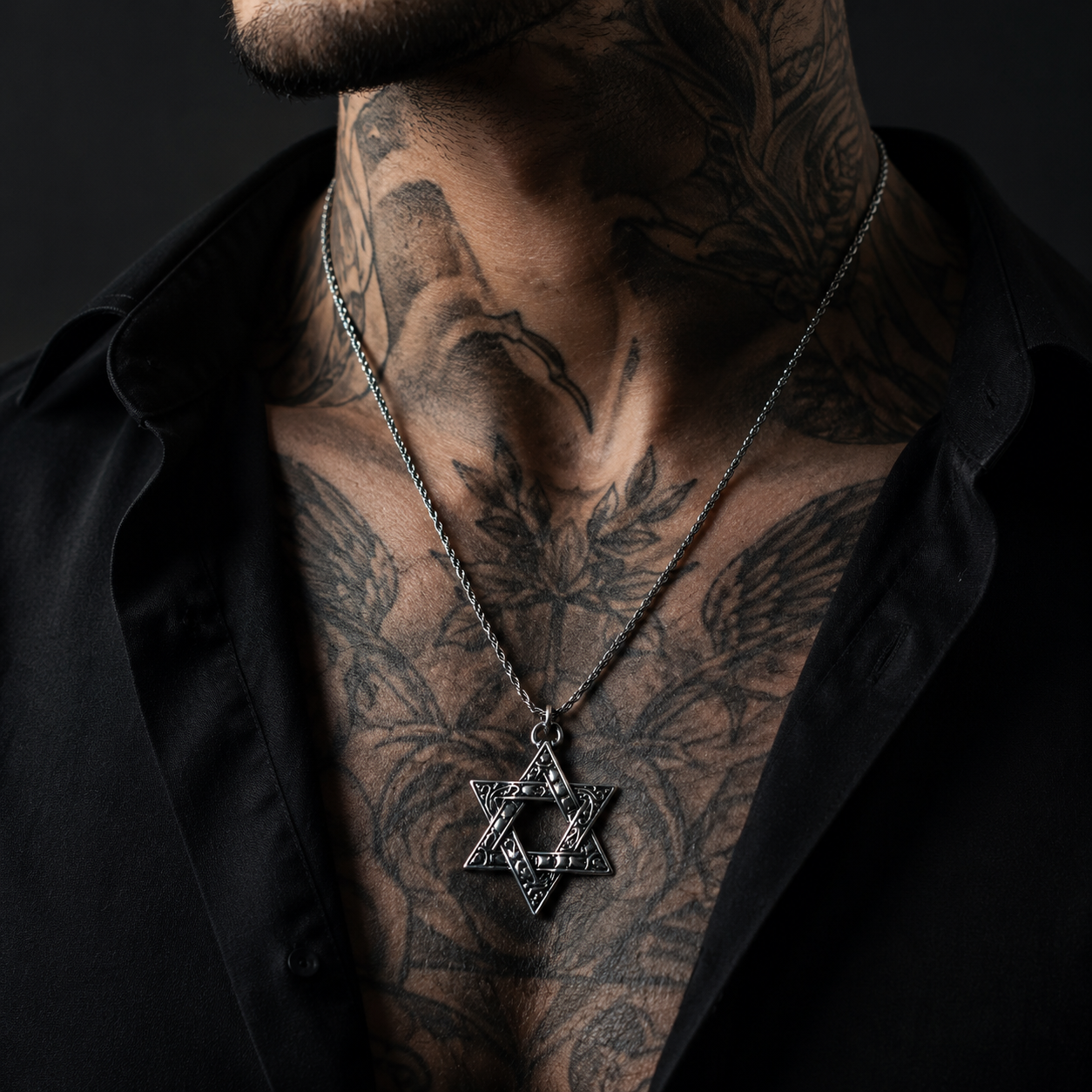 Silver HexaStar Stainless Steel Pendant Necklace for Men