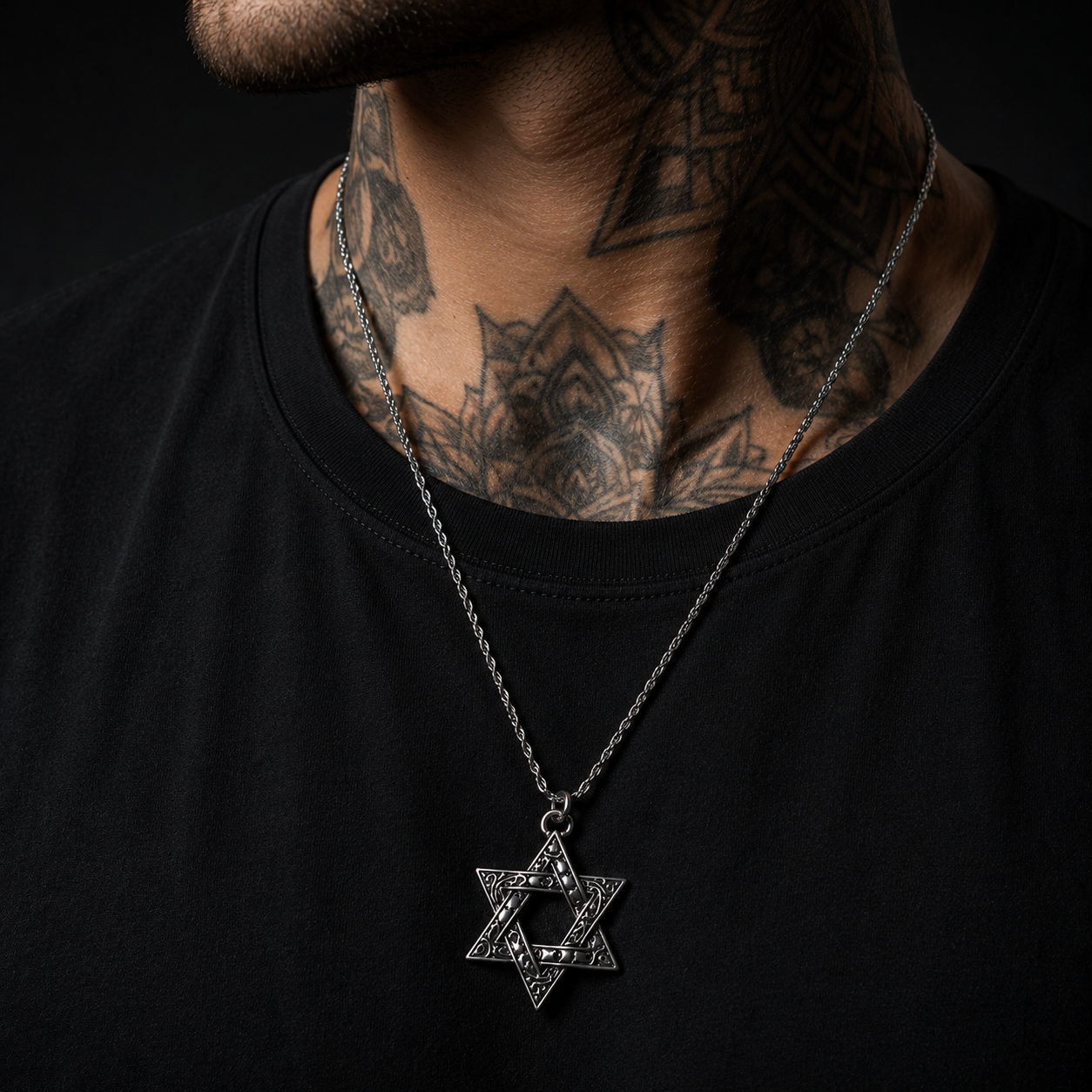 Silver HexaStar Stainless Steel Pendant Necklace for Men