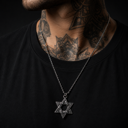 Silver HexaStar Stainless Steel Pendant Necklace for Men