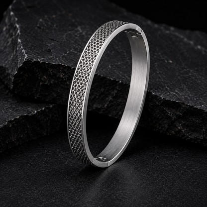 Textured Steel Cuff Bracelet – Silver Finish (Unisex)
