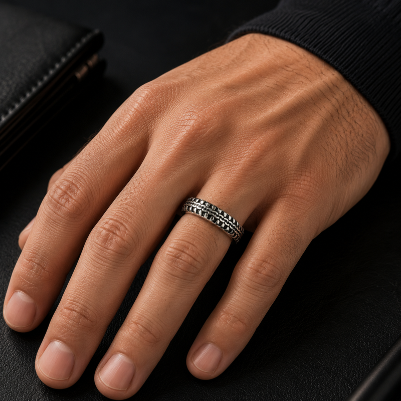 Tire Track Stainless Steel Ring – Silver Finish