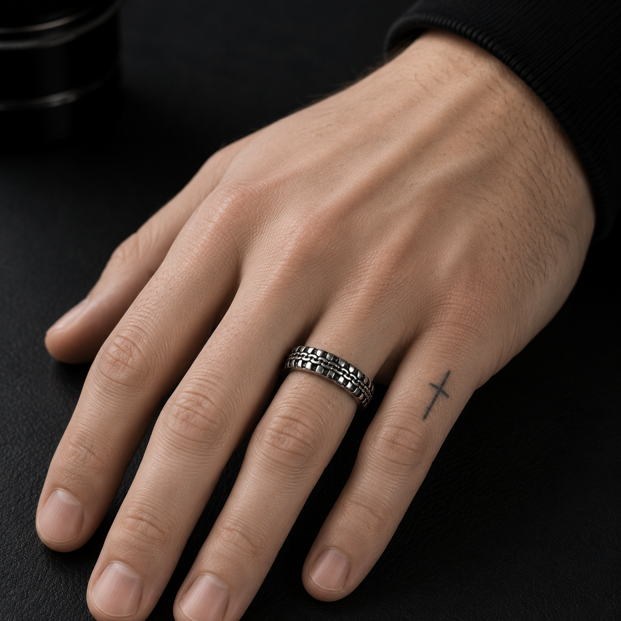Tire Track Stainless Steel Ring – Silver Finish