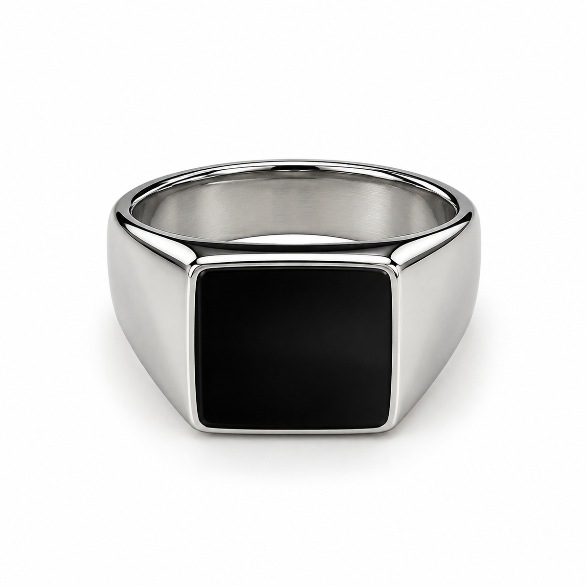 Zyvor Noir Square Signet 925 Silver Finish Ring for Men – Stainless Steel with Black Stone Face