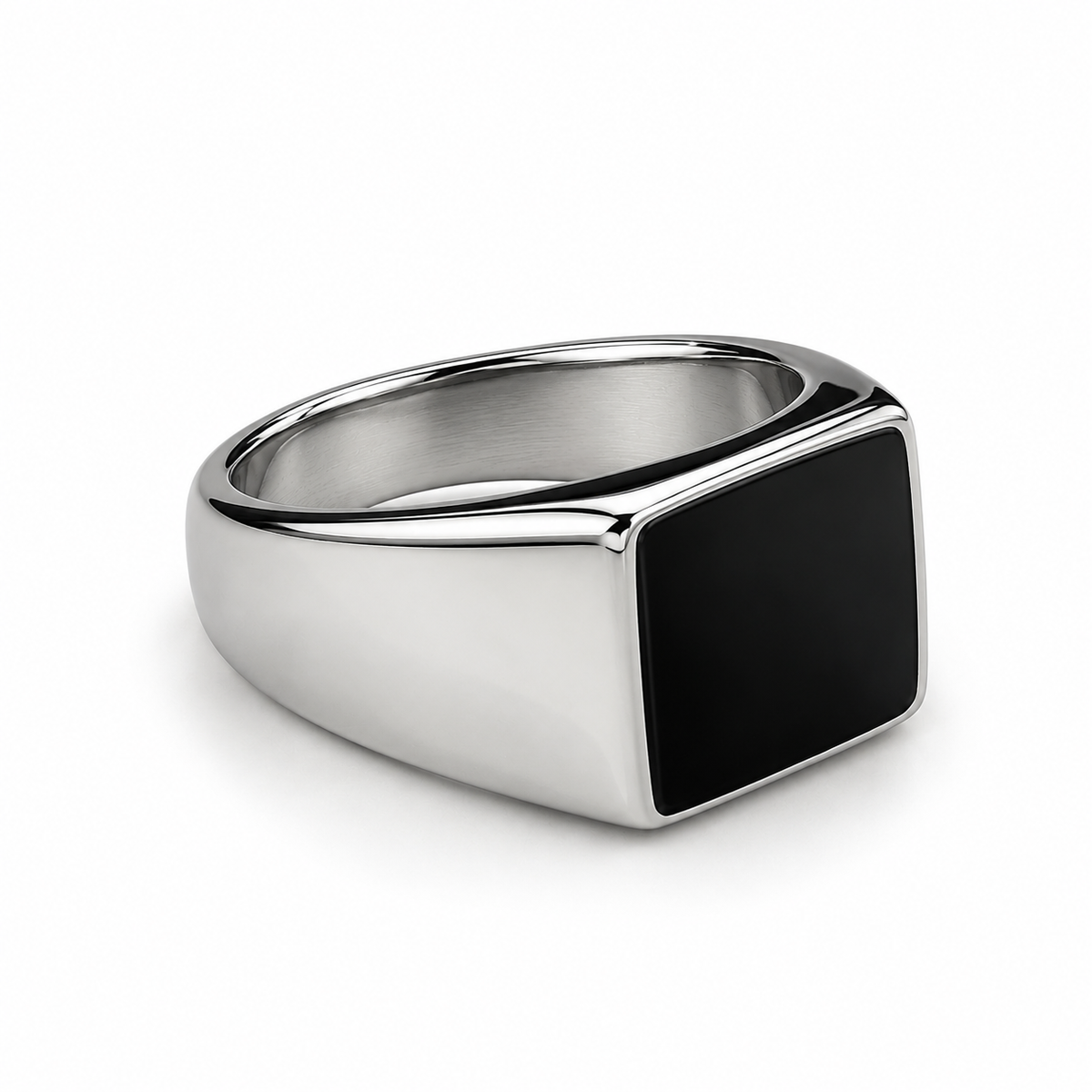 Zyvor Noir Square Signet 925 Silver Finish Ring for Men – Stainless Steel with Black Stone Face