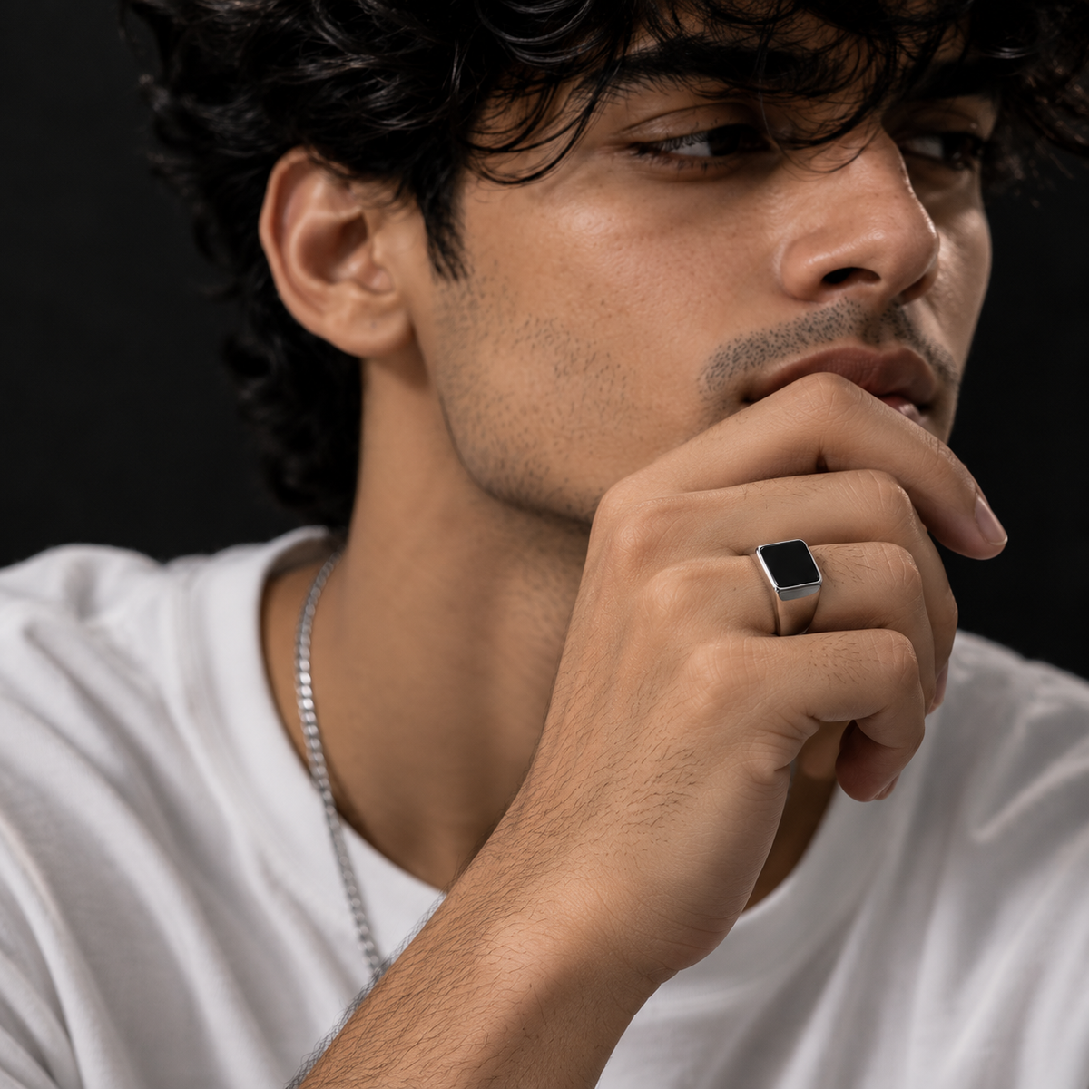 Zyvor Noir Square Signet 925 Silver Finish Ring for Men – Stainless Steel with Black Stone Face