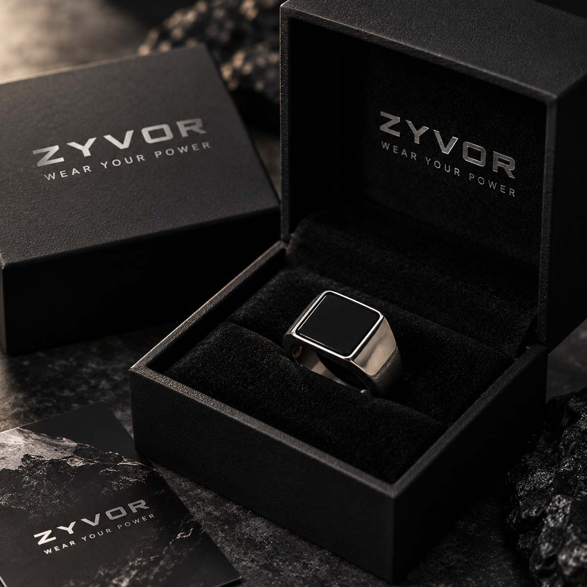 Zyvor Noir Square Signet 925 Silver Finish Ring for Men – Stainless Steel with Black Stone Face