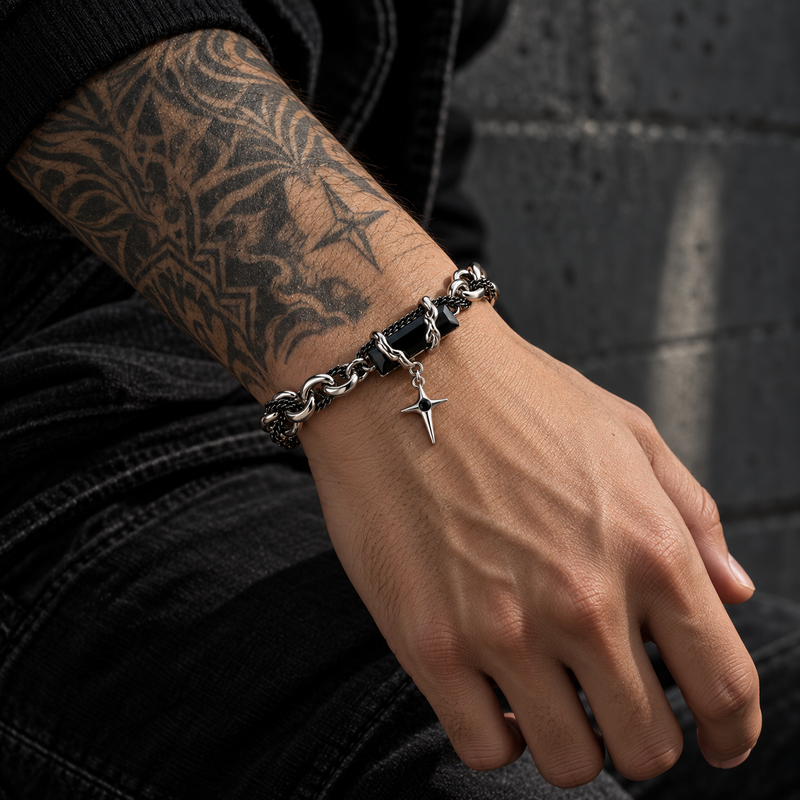 Zyvor Gothic Double Chain Bracelet with Black Stone & Star Charm - Stainless Steel