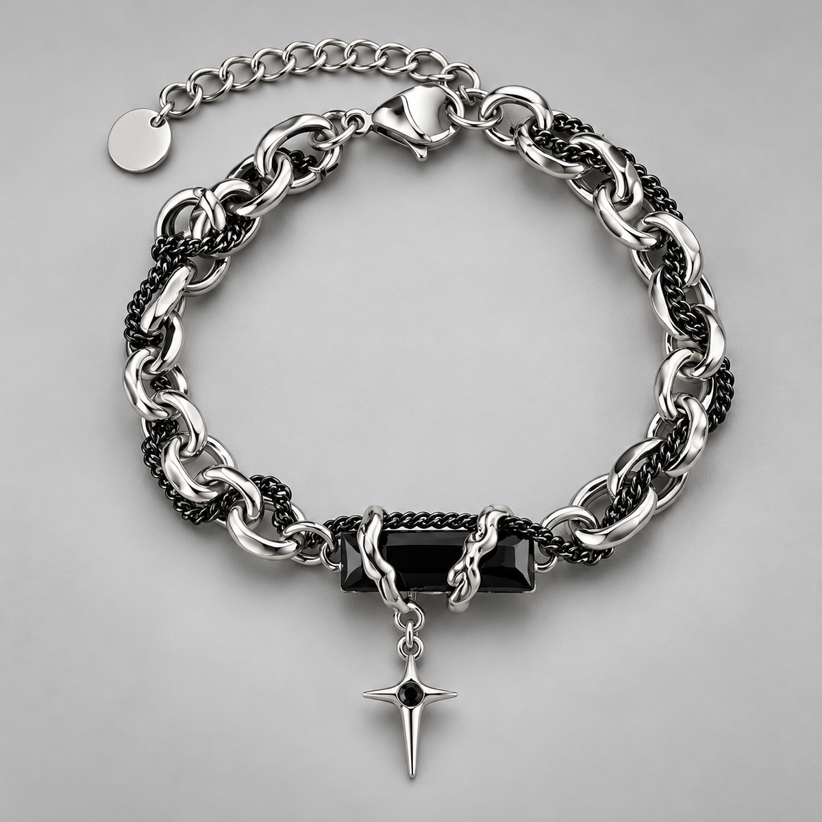 Zyvor Gothic Double Chain Bracelet with Black Stone & Star Charm - Stainless Steel