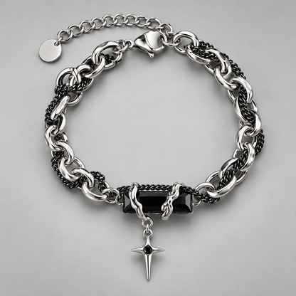 Zyvor Gothic Double Chain Bracelet with Black Stone & Star Charm - Stainless Steel
