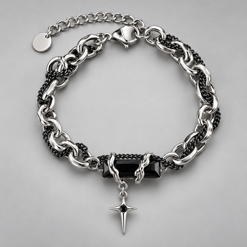 Zyvor Gothic Double Chain Bracelet with Black Stone & Star Charm - Stainless Steel
