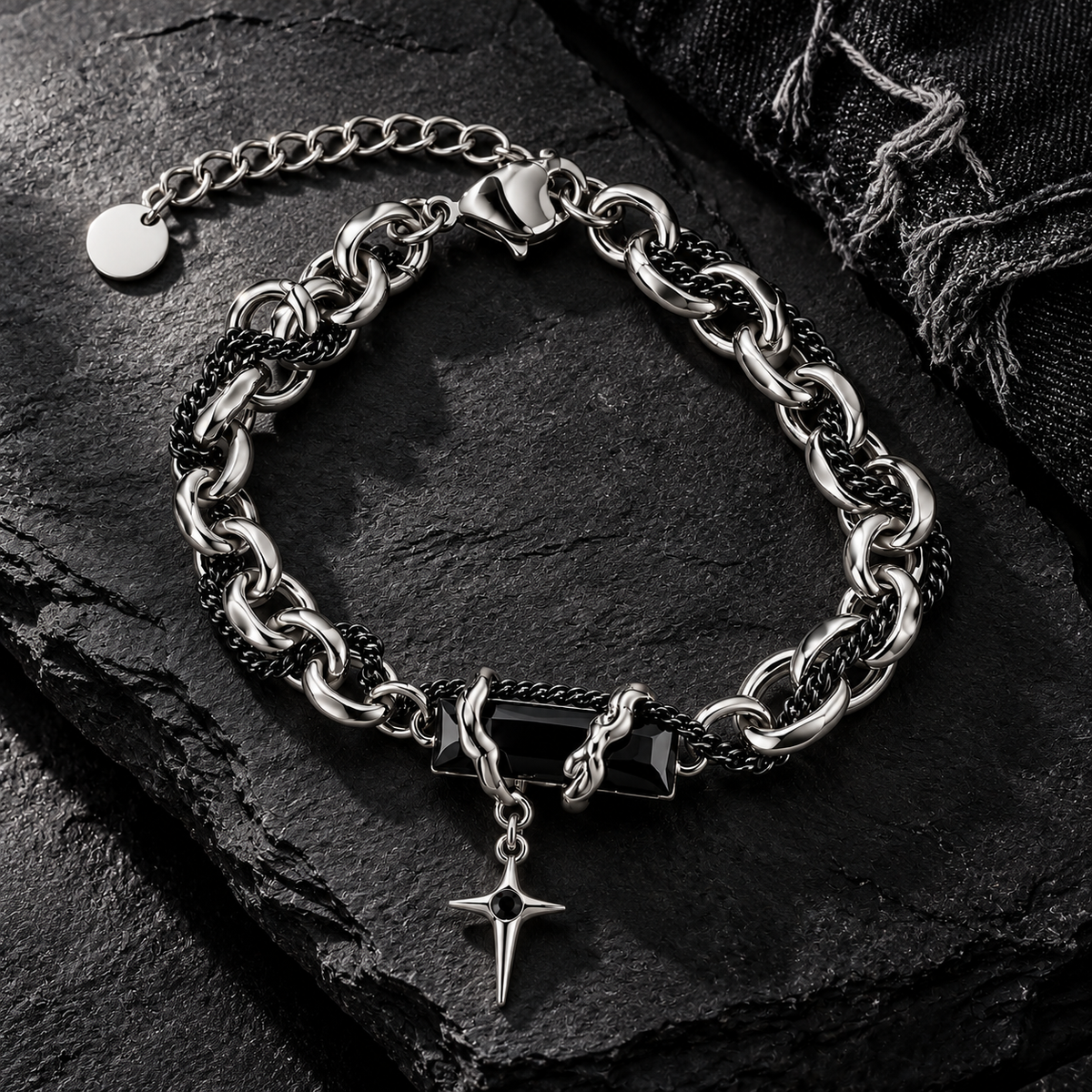 Zyvor Gothic Double Chain Bracelet with Black Stone & Star Charm - Stainless Steel