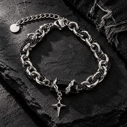 Zyvor Gothic Double Chain Bracelet with Black Stone & Star Charm - Stainless Steel