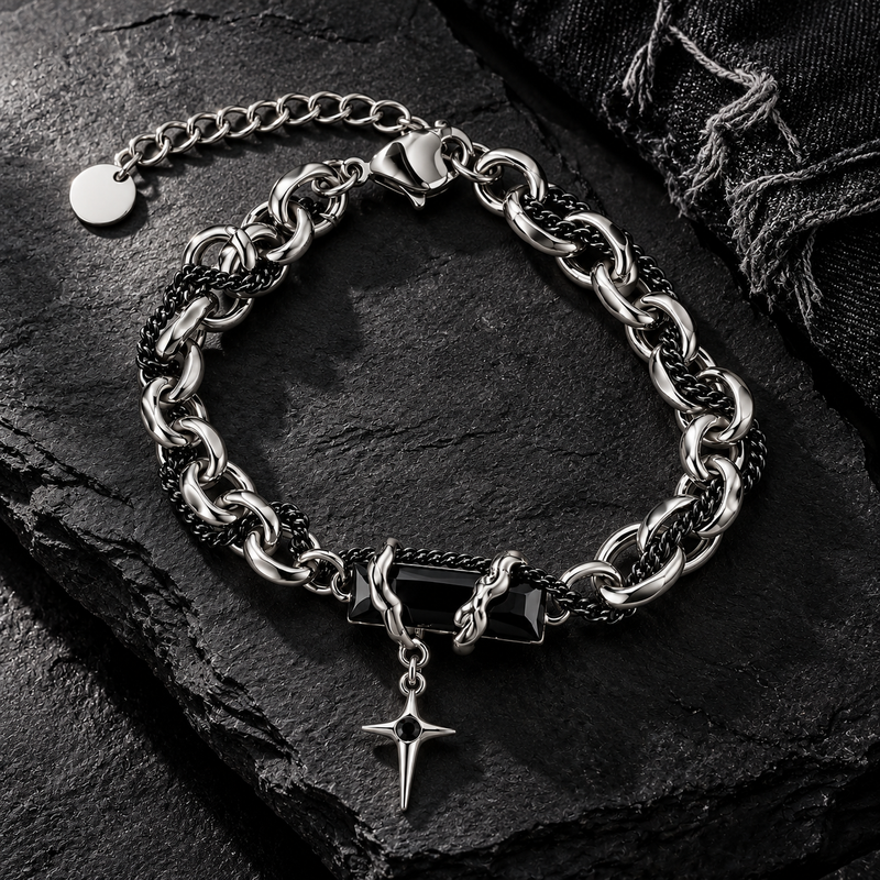 Zyvor Gothic Double Chain Bracelet with Black Stone & Star Charm - Stainless Steel