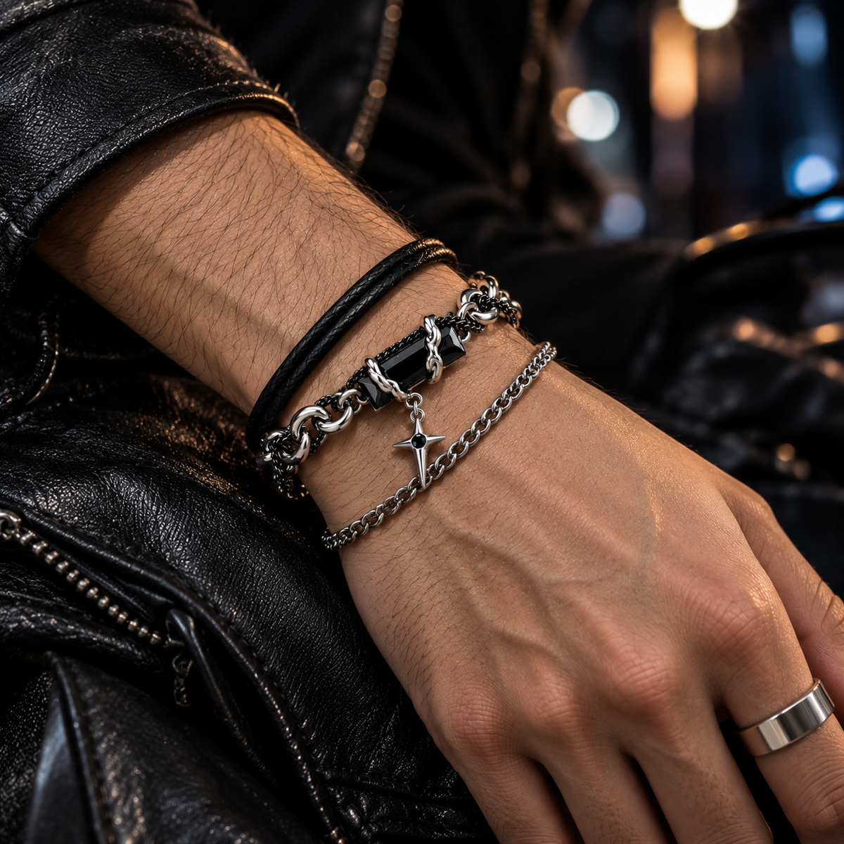 Zyvor Gothic Double Chain Bracelet with Black Stone & Star Charm - Stainless Steel