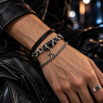 Zyvor Gothic Double Chain Bracelet with Black Stone & Star Charm - Stainless Steel