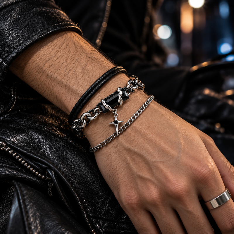 Zyvor Gothic Double Chain Bracelet with Black Stone & Star Charm - Stainless Steel