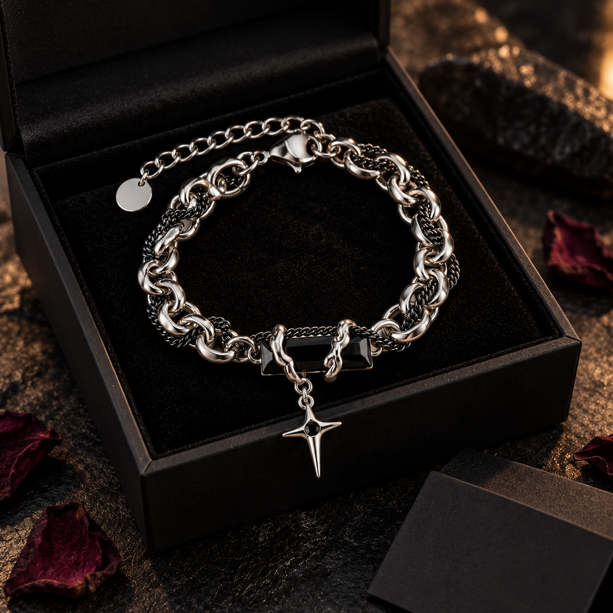 Zyvor Gothic Double Chain Bracelet with Black Stone & Star Charm - Stainless Steel