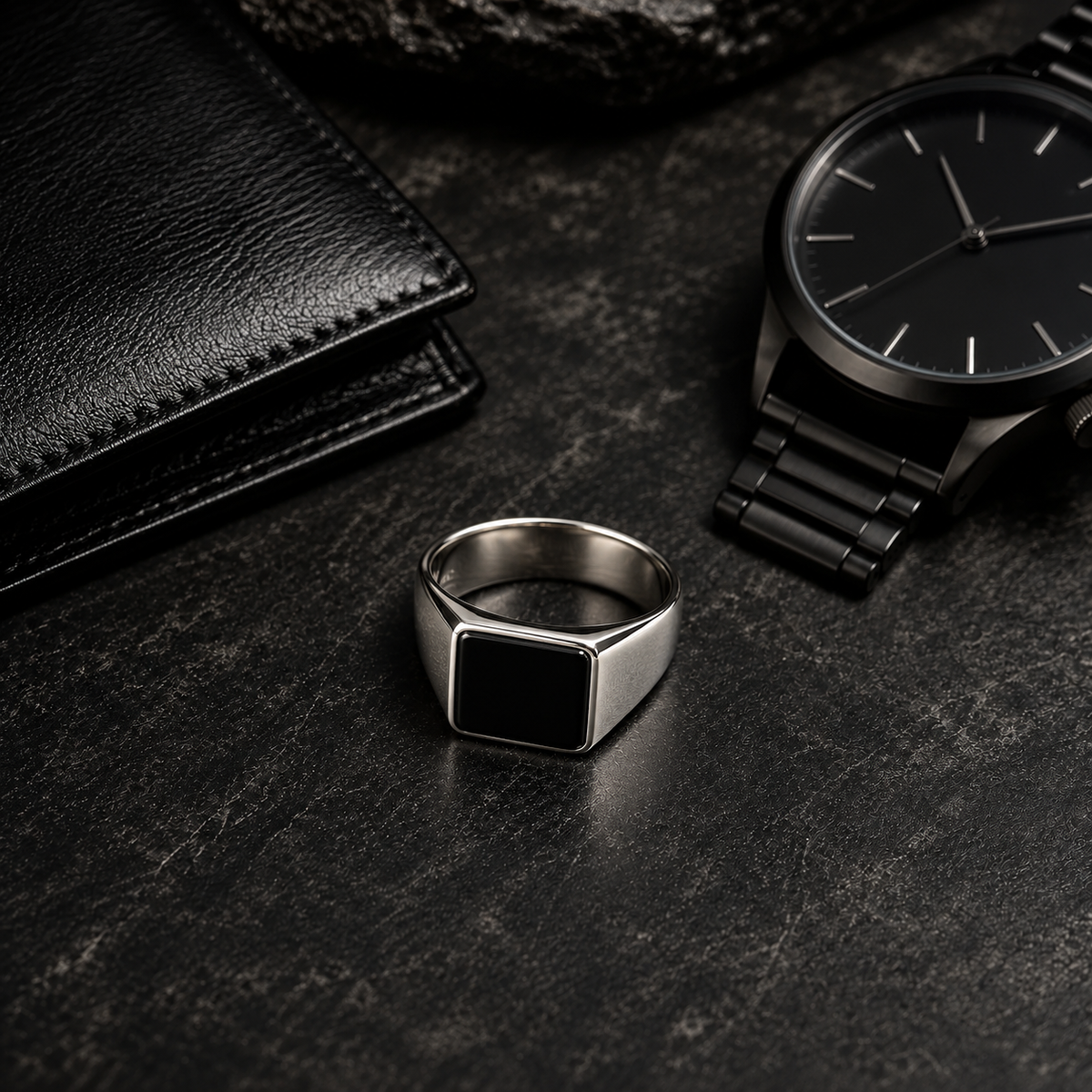 Zyvor Noir Square Signet 925 Silver Finish Ring for Men – Stainless Steel with Black Stone Face