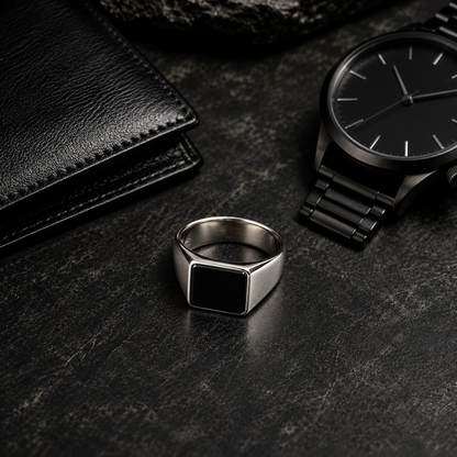 Zyvor Noir Square Signet 925 Silver Finish Ring for Men – Stainless Steel with Black Stone Face