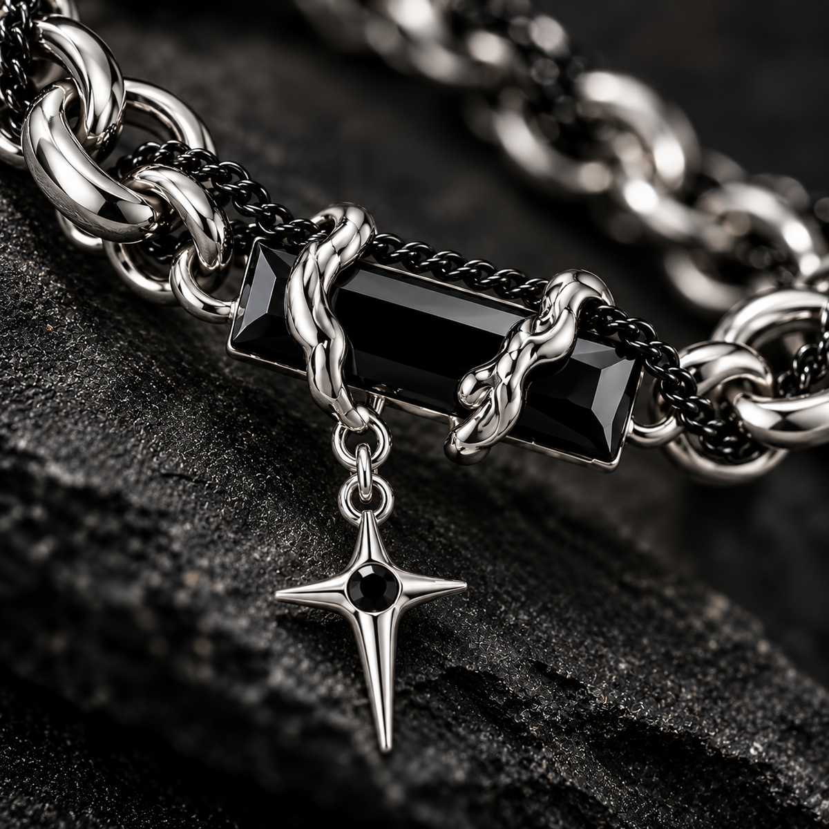 Zyvor Gothic Double Chain Bracelet with Black Stone & Star Charm - Stainless Steel