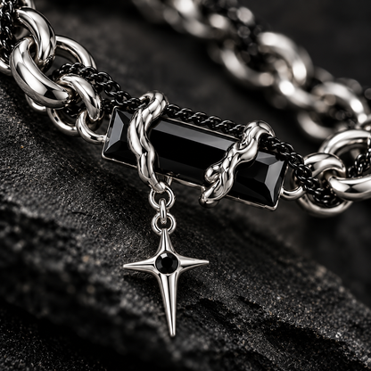 Zyvor Gothic Double Chain Bracelet with Black Stone & Star Charm - Stainless Steel