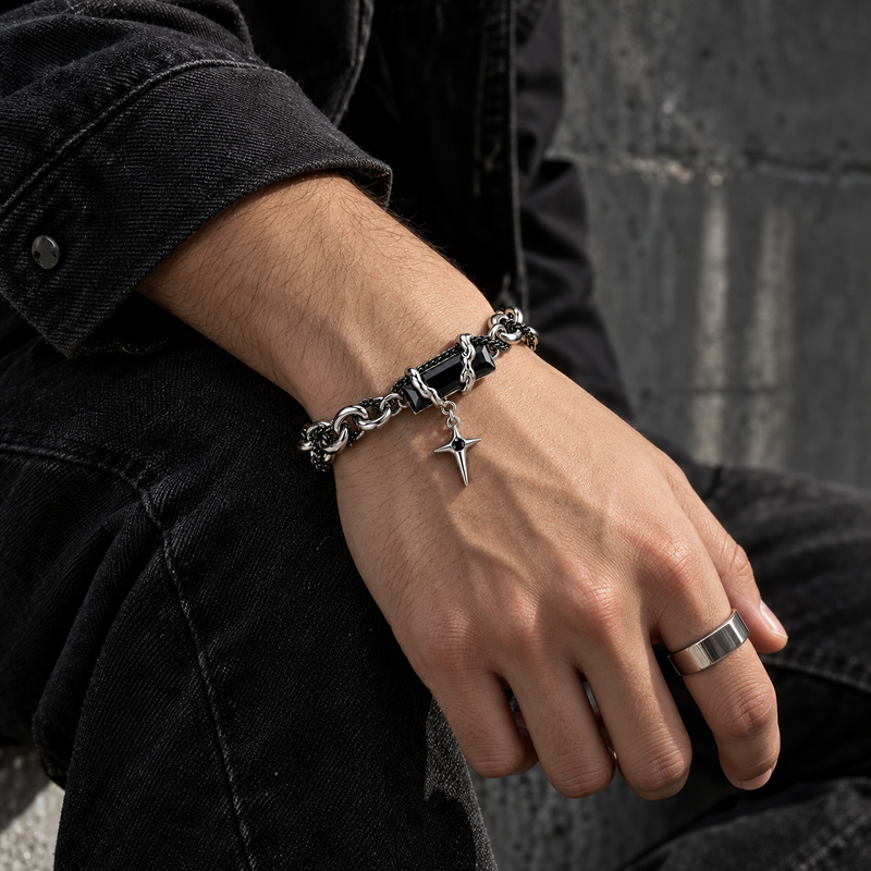 Zyvor Gothic Double Chain Bracelet with Black Stone & Star Charm - Stainless Steel
