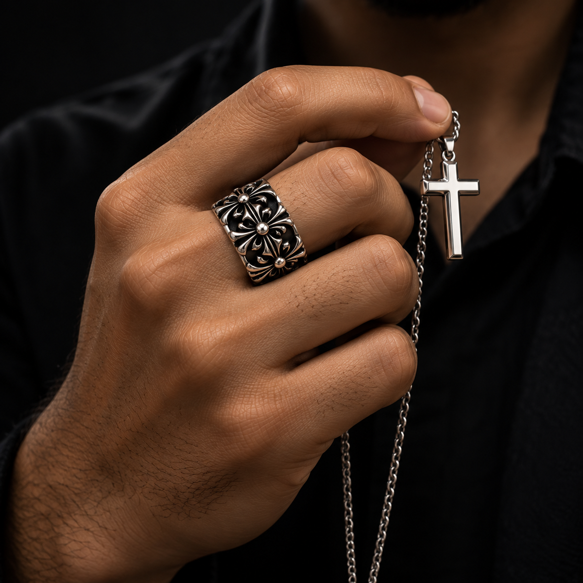 Gothic Cross Band Ring – 925 Sterling Silver Christian Ring for Men