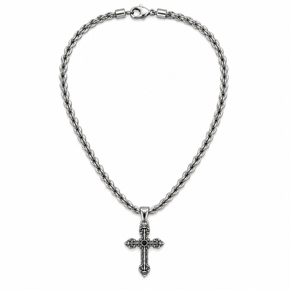 Gothic Fleur-de-Lis Cross Pendant with Black Stone, Stainless Steal Rope Chain Necklace for Men