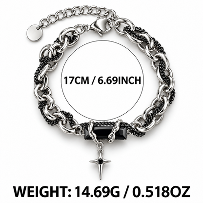 Zyvor Gothic Double Chain Bracelet with Black Stone & Star Charm - Stainless Steel