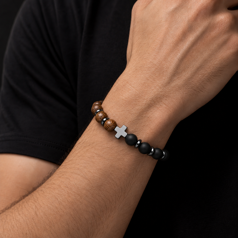Guardian Cross Wooden & Matte Black Bead Bracelet for Men