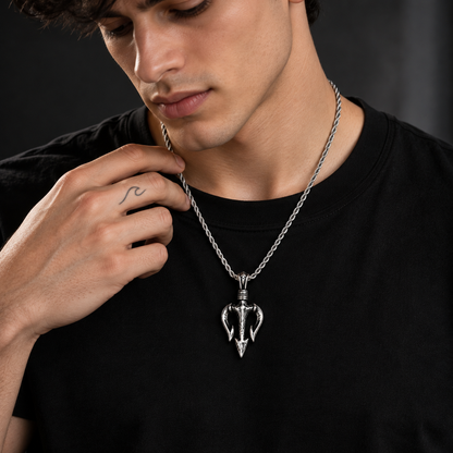 Trident Pendant Necklace for Men - Stainless Steel Poseidon Spear Pendant with Rope Chain