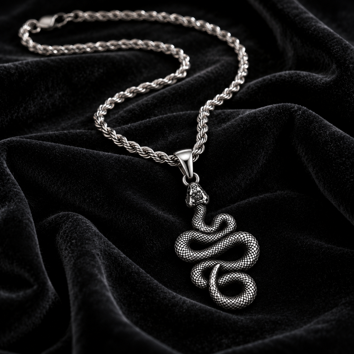 Silver Stainless Steal Snake Pendant Necklace for Men – Antique Serpent Pendant with Rope Chain