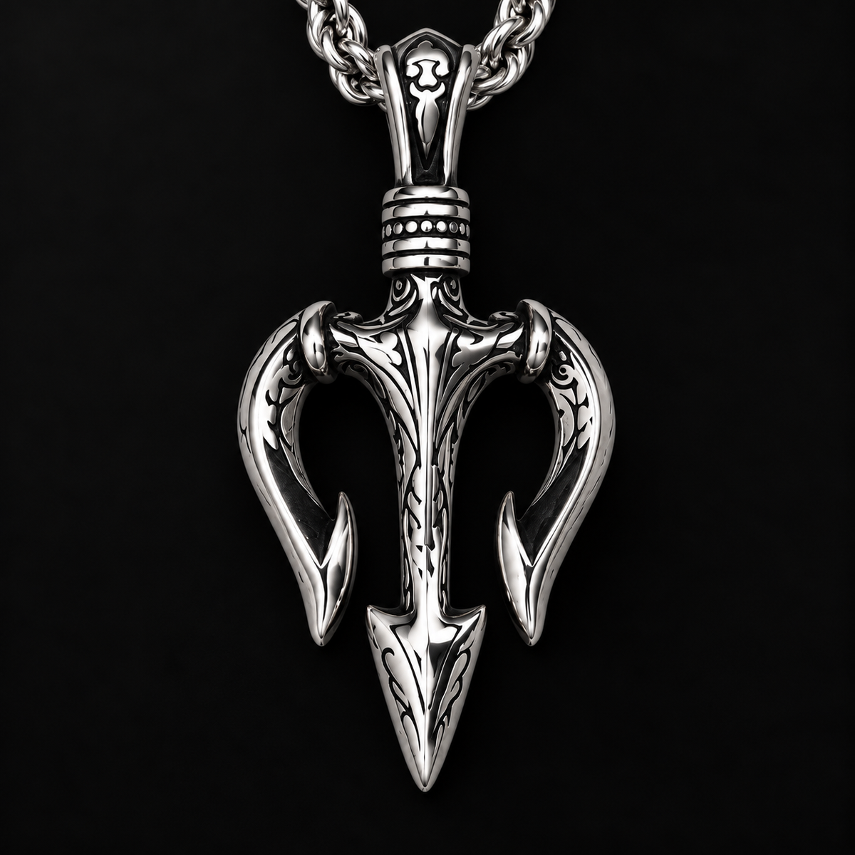 Trident Pendant Necklace for Men - Stainless Steel Poseidon Spear Pendant with Rope Chain
